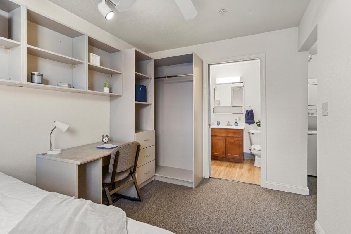 Bedroom desk and bathroom
